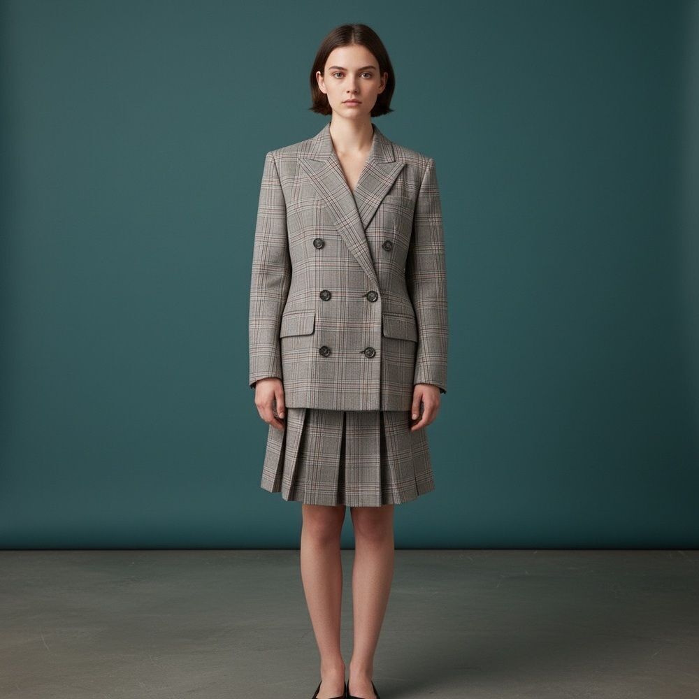 Vintage Gilmore double breasted jacket with midi box pleated skirt.